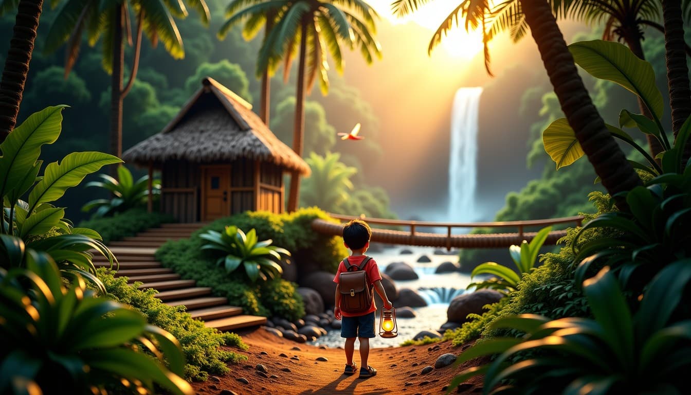 A child with a small backpack and lantern stands at the start of a jungle trail — a wooden hut, a rope bridge and a sunlit waterfall ahead