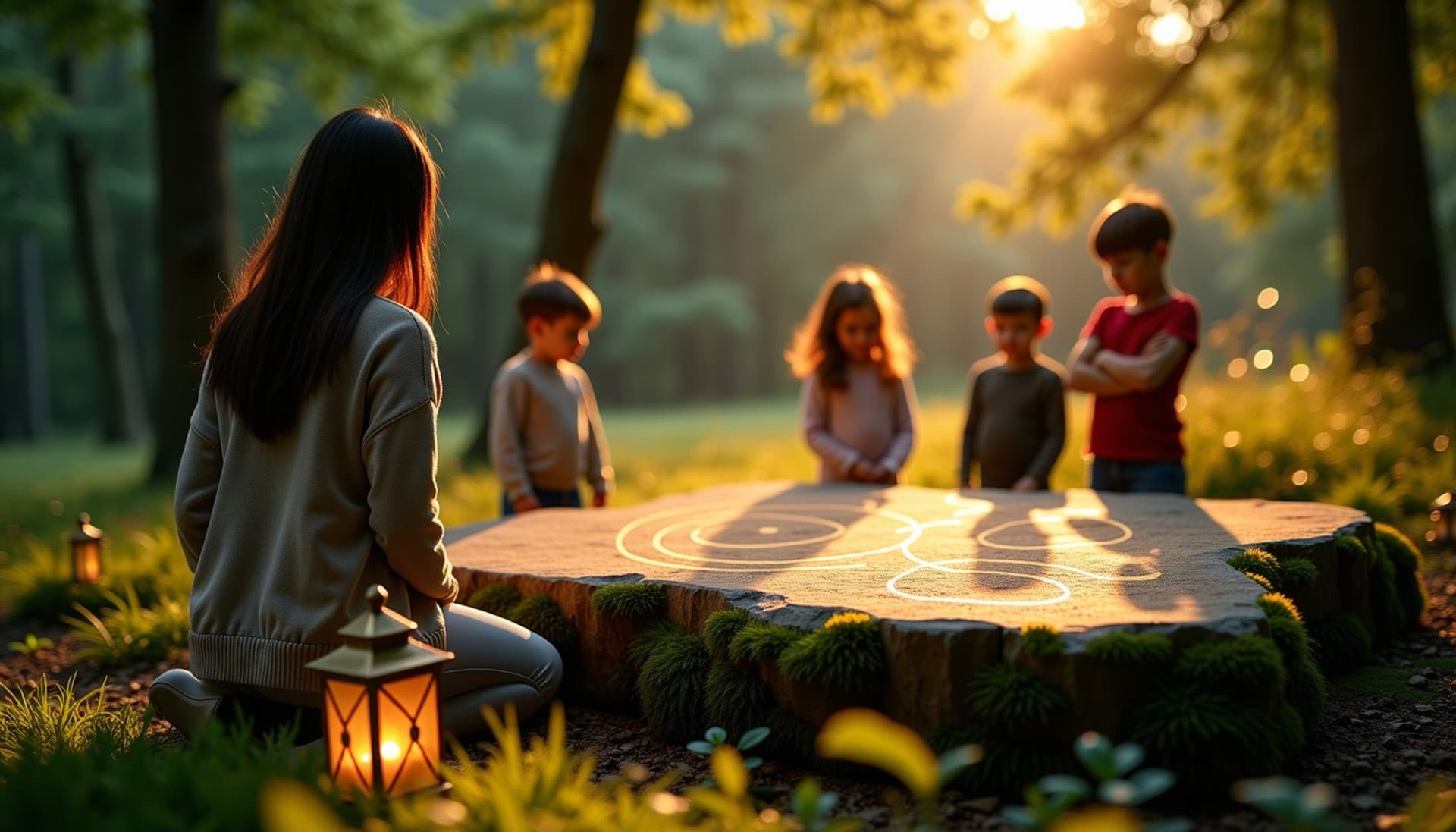A teacher kneels at a mossy stone desk drawing glowing chalk-lines while children gather around in a forest clearing