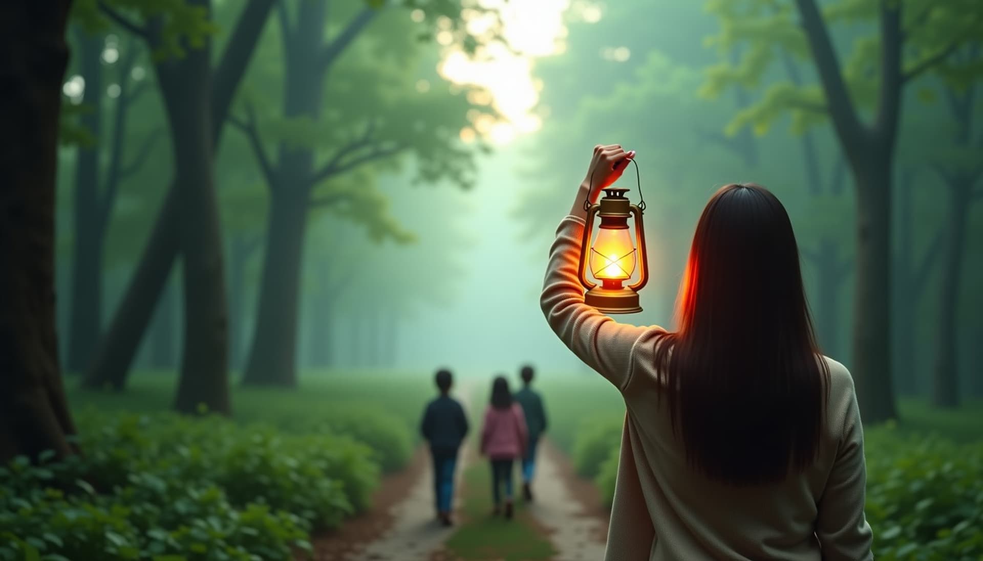 A teacher raises a glowing lantern at a misty forest trail at dawn, three children following the light down the path